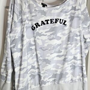 Torrid Off Shoulder Gray Camo Grateful Sweatshirt